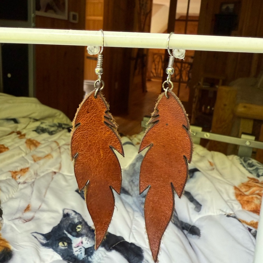 Brown Leather Leaf Earrings
